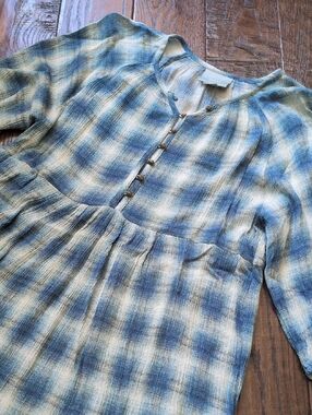 ANTHRO I Teal Blue Plaid Cavalon Flowy Peplum Tunic Top by Maeve, XS